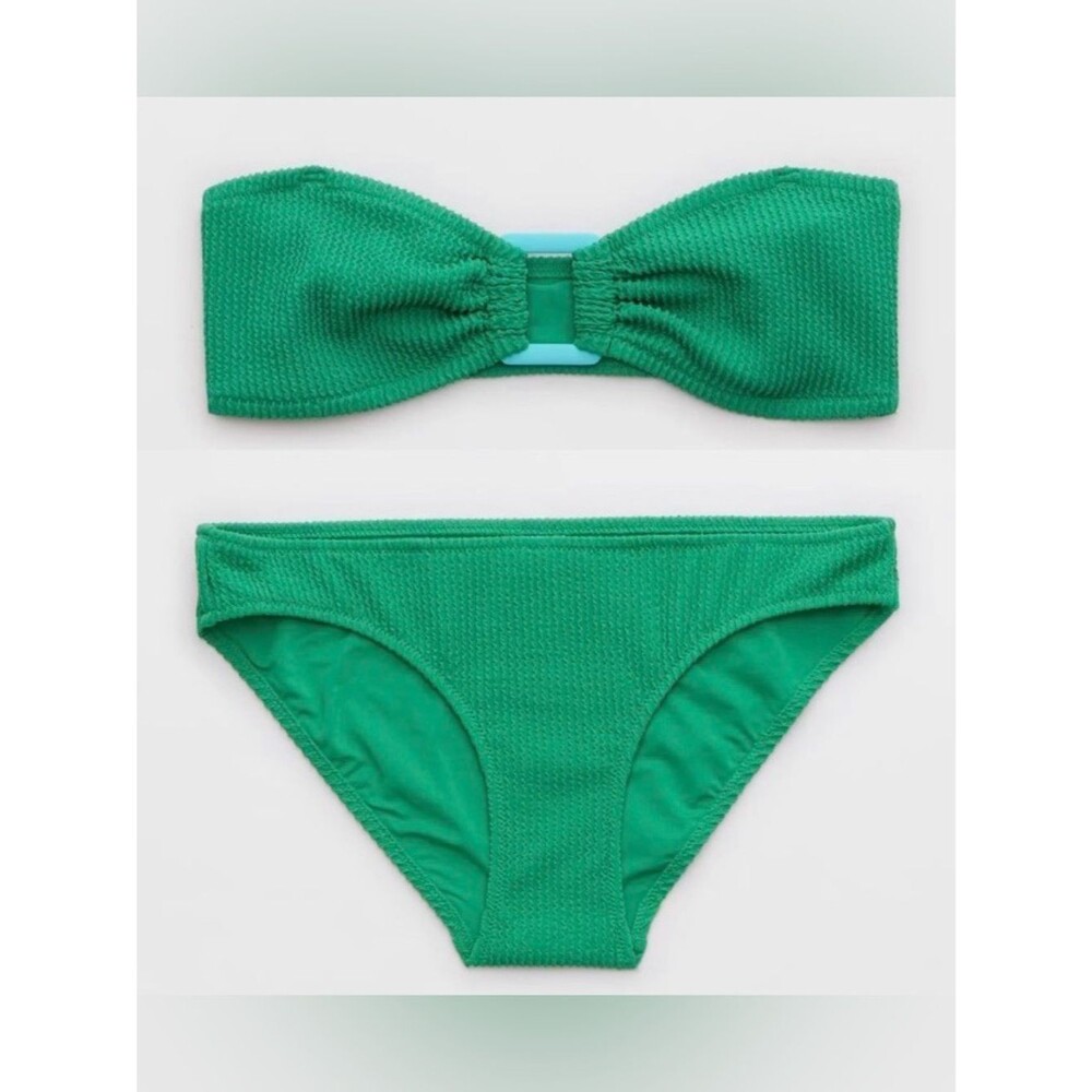 NWT Aerie FULL SET Crinkle Ring Bandeau + Full Coverage Bottom Green - Size XL